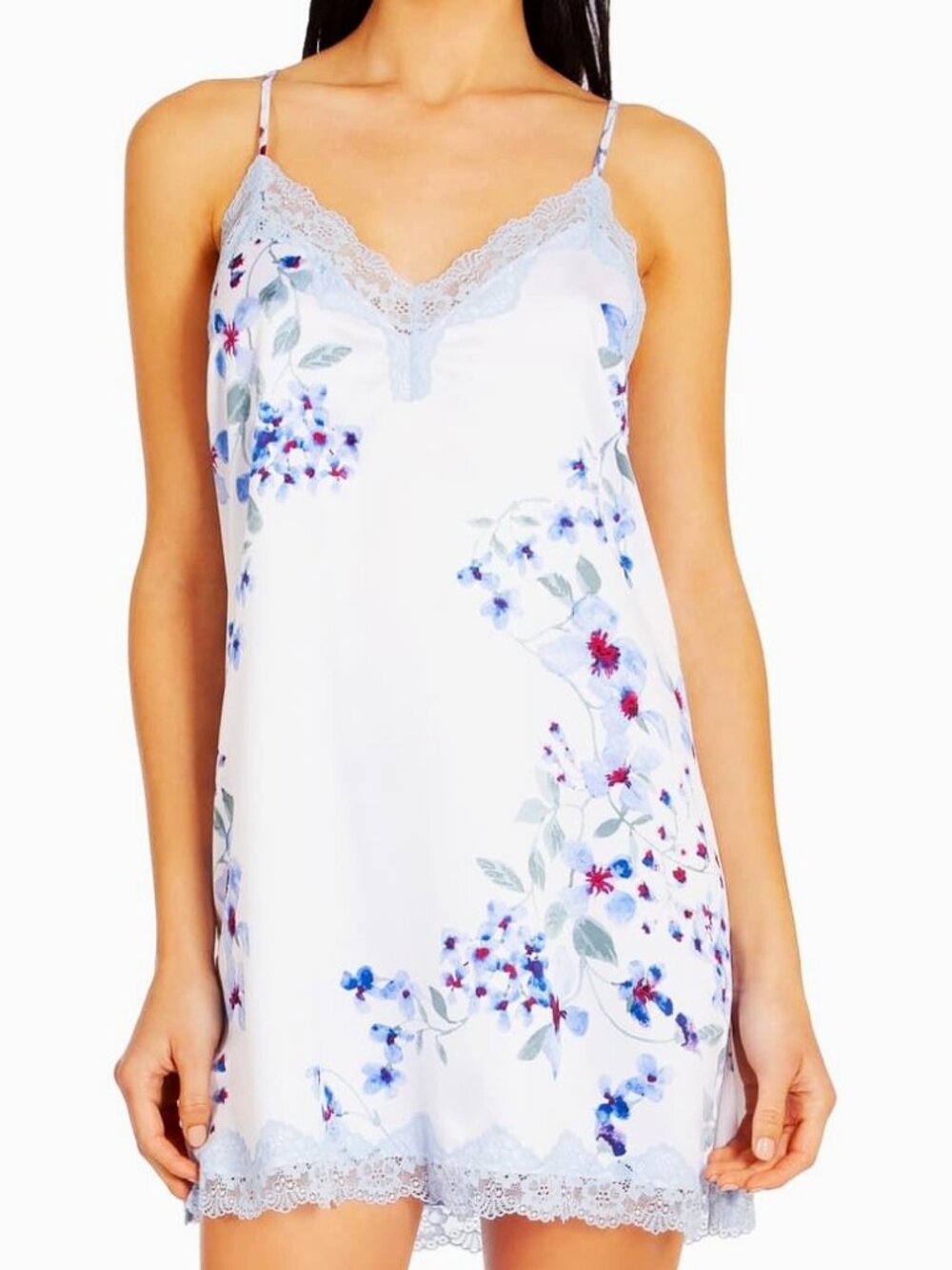 In Bloom By Jonquil Size M Romantic Chemise Blue Floral Satin & Lace Trim